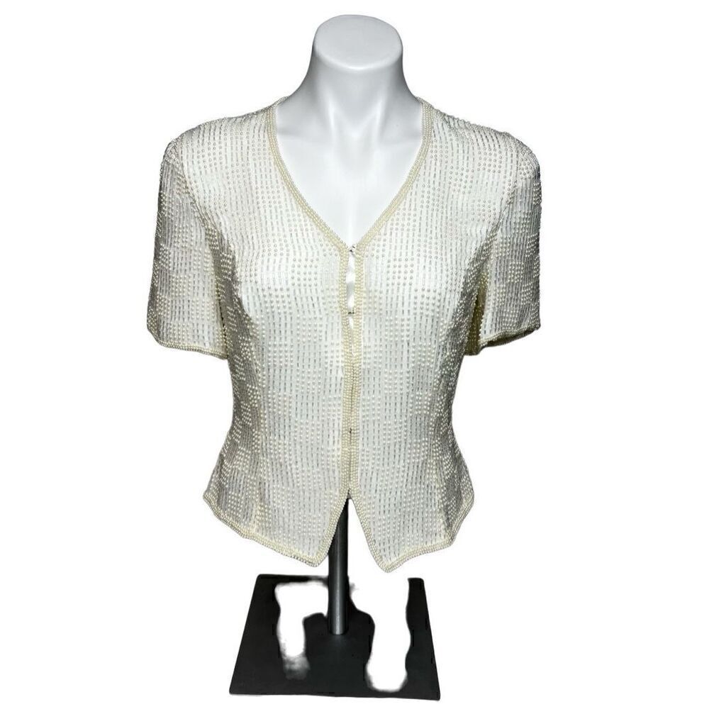 Vintage reggio cream beaded silk top size S